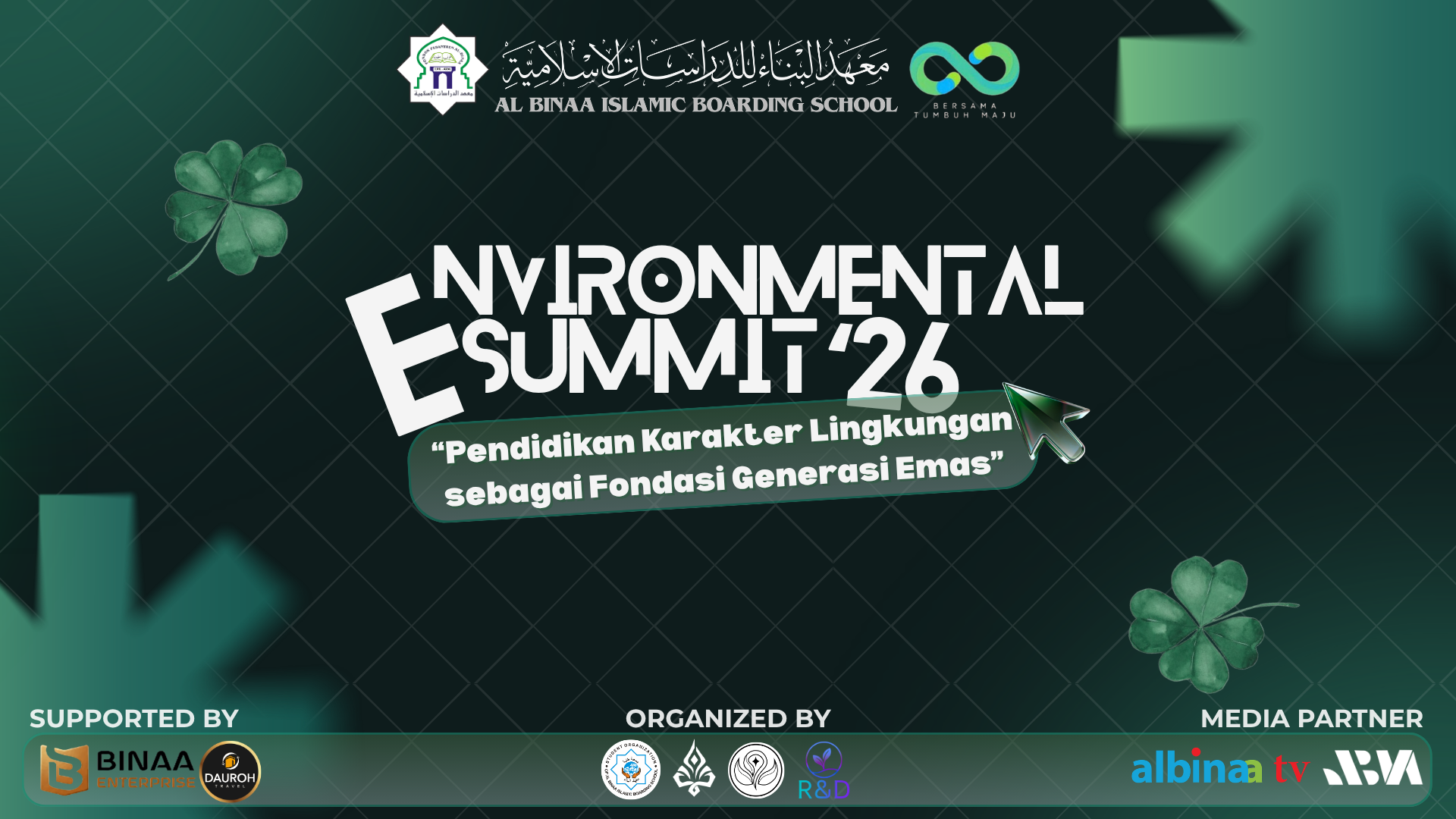 Bumper Environmental Summit '26 dengan warna hijau tua dan identitas Al Binaa Islamic Boarding School