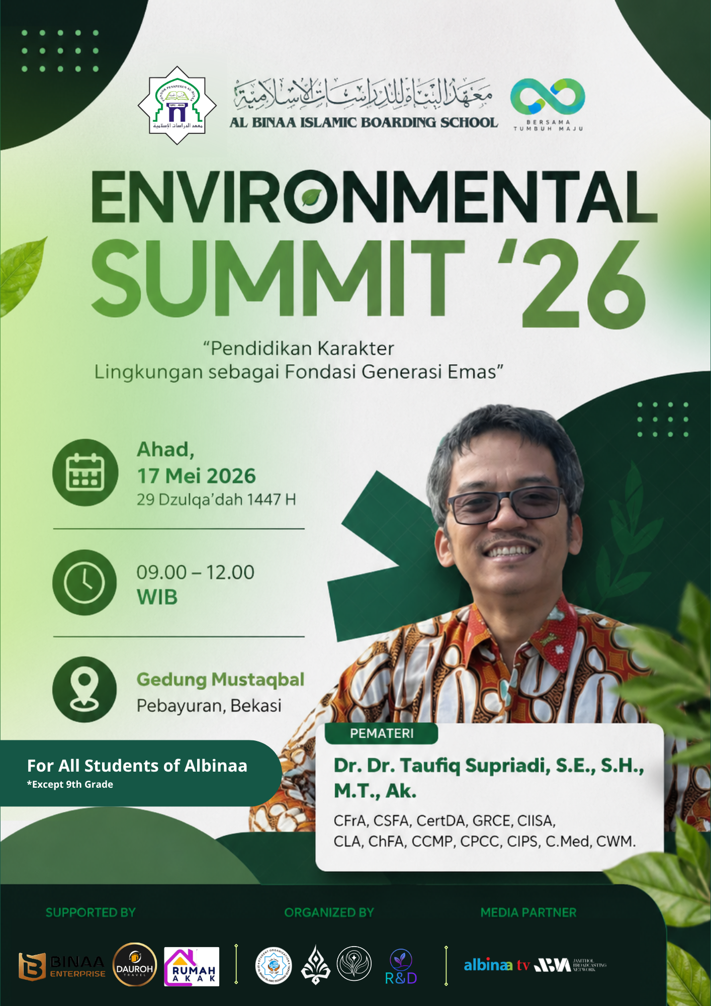 Poster Envis '26 hijau muda dan hijau tua bersama Dr. Dr. Taufiq Supriadi